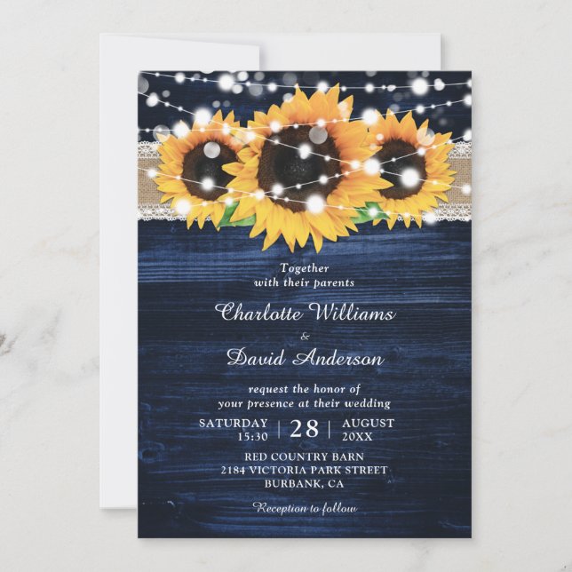 Invitation Mariage de tournesol en bois rustique bleu marine (Devant)