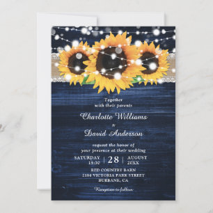 Invitation Mariage de tournesol en bois rustique bleu marine