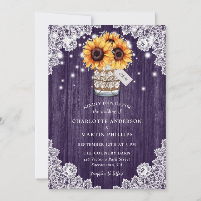 Invitation Mariage de tournesol en bois violet rustique (Devant)