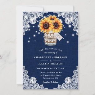 Invitation Mariage de tournesol en dentelle bleu de la marine