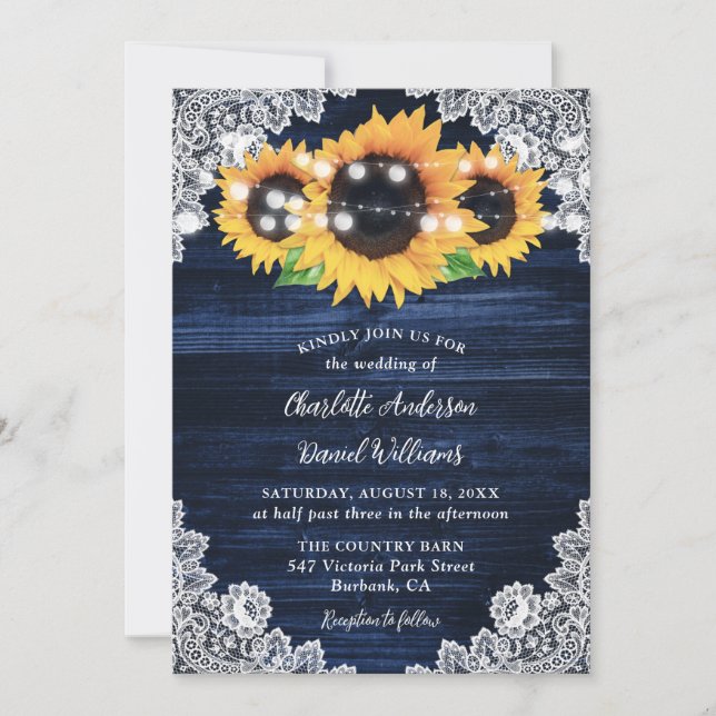 Invitation Mariage de tournesol en dentelle bleu de la marine (Devant)