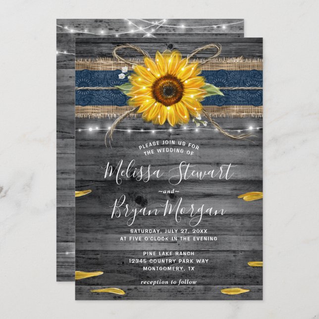 Invitation Mariage de tournesol en dentelle bleu marine gris  (Devant / Derrière)