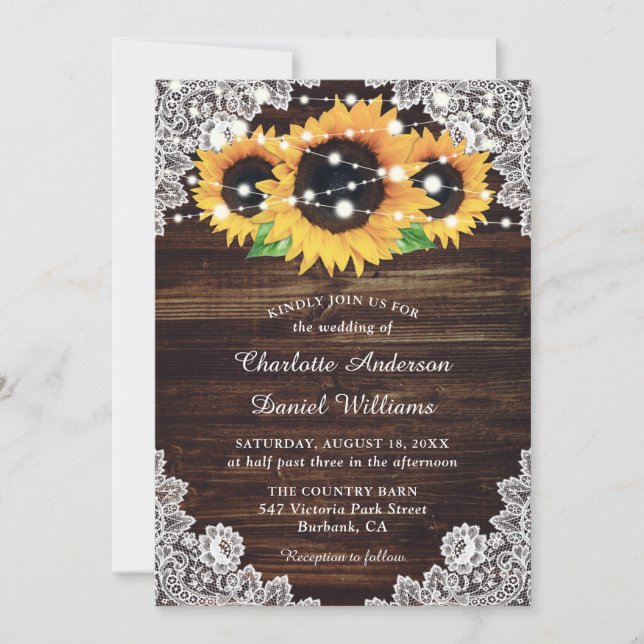 Invitation Mariage de tournesol en dentelle de bois rustique (Devant)