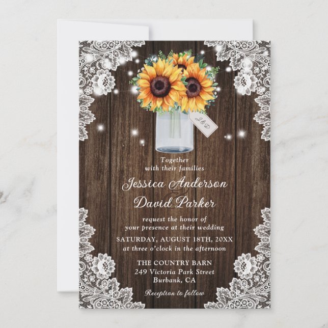 Invitation Mariage de tournesol en dentelle de bois rustique  (Devant)