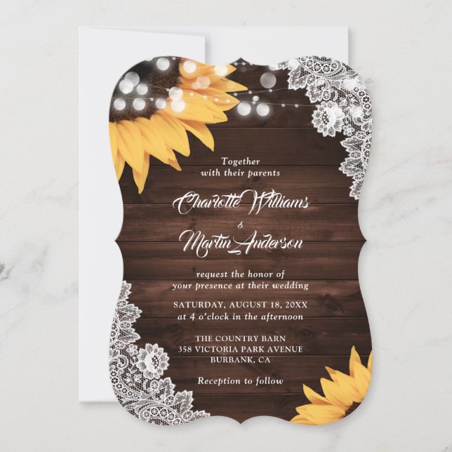 Invitation Mariage de tournesol en dentelle de bois rustique (Devant)