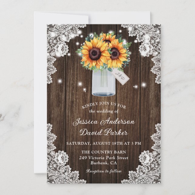 Invitation Mariage de tournesol en dentelle de bois rustique  (Devant)