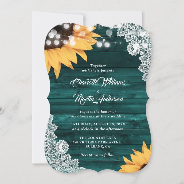 Invitation Mariage de tournesol en dentelle de bois Turquoise (Devant)