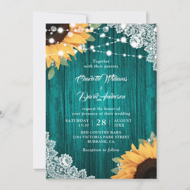 Invitation Mariage de tournesol en dentelle de bois turquoise (Devant)
