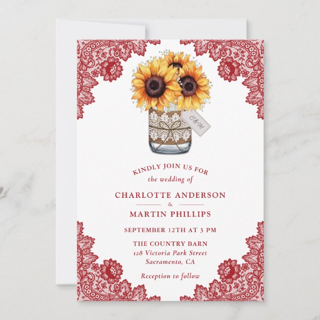 Invitation Mariage de tournesol en dentelle rouge rustique (Devant)