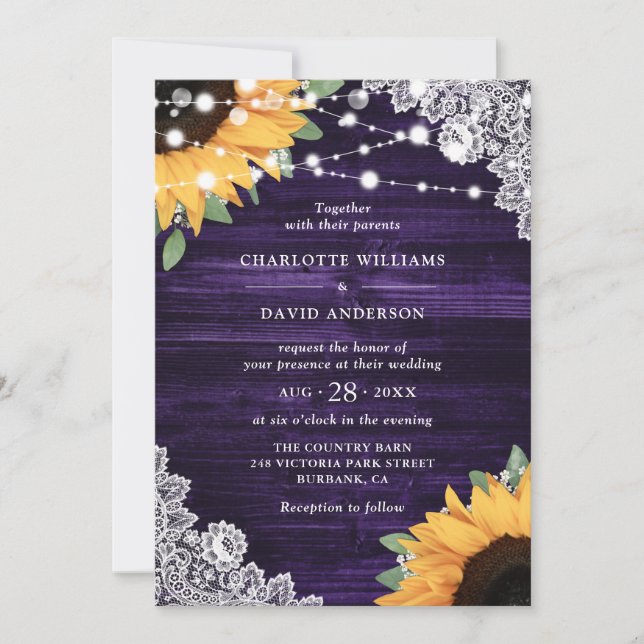 Invitation Mariage de tournesol en dentelle violette rustique (Devant)