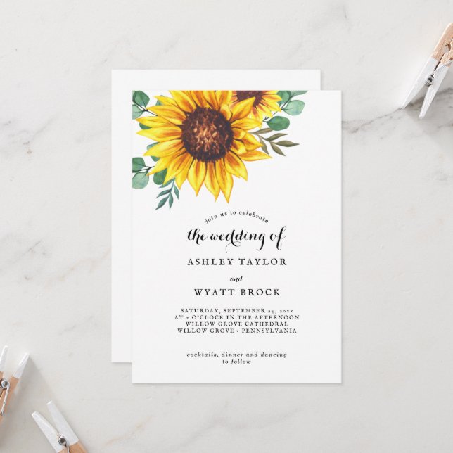 Invitation Mariage de tournesol jaune moderne (Devant/Arrière en situation)