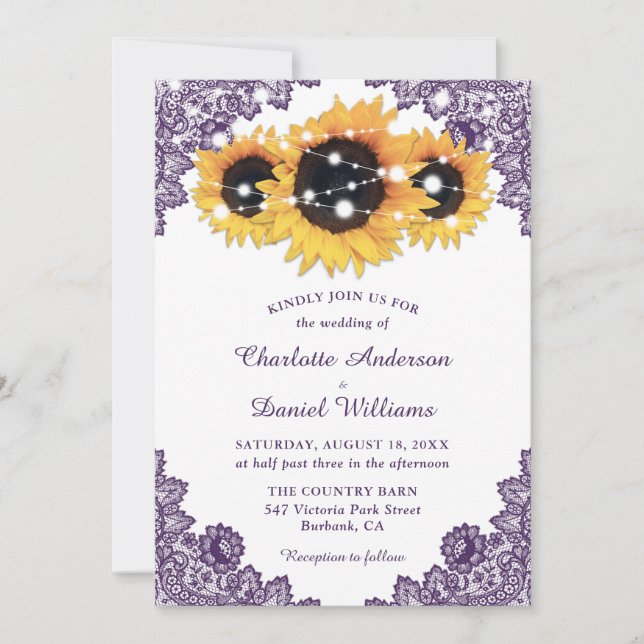 Invitation Mariage de tournesol jaune violet rustique (Devant)