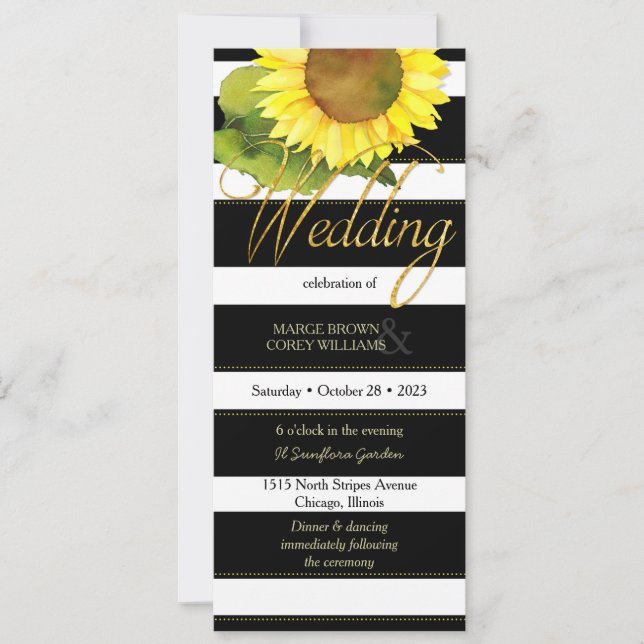Invitation Mariage de tournesol moderne noir blanc rayures (Devant)