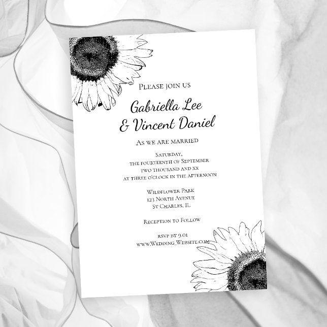 Invitation Mariage de tournesol noir et blanc (Créateur téléchargé)