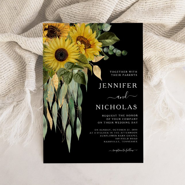 Invitation Mariage de tournesol noir moderne (Modern Black Sunflower Wedding Invitation)