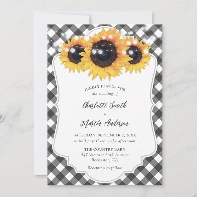 Invitation Mariage de tournesol rustique En vichy noir et bla (Devant)