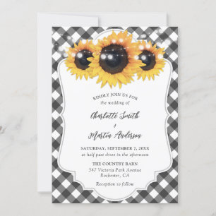 Invitation Mariage de tournesol rustique En vichy noir et bla