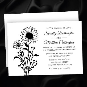 Invitation Mariage de tournesol rustique Floral Blanc noir