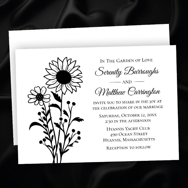 Invitation Mariage de tournesol rustique Floral Blanc noir (Créateur téléchargé)