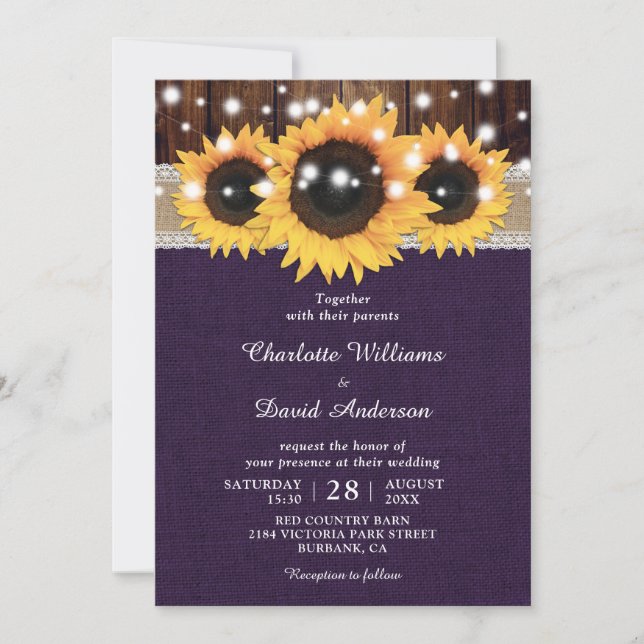 Invitation Mariage de tournesol rustique violet (Devant)