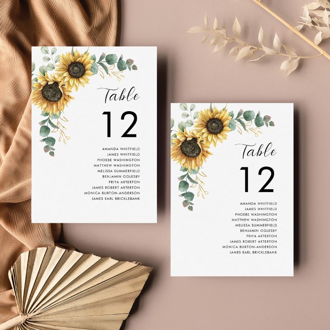 Invitation Mariage de tournesol Tableau numéro 12 Tableau de  (Sunflower Eucalyptus Wedding Floral Reception Table Number Card)