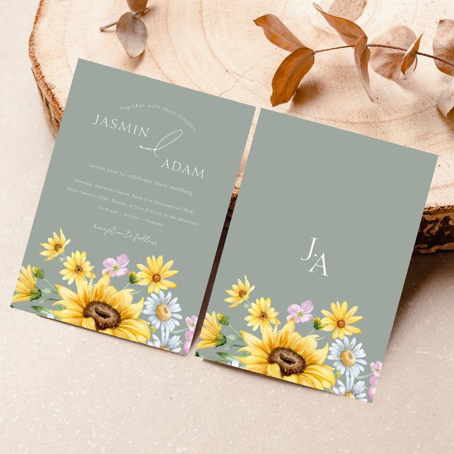 Invitation Mariage de tournesol vert de l'été Sage (Summer Sage Green Sunflowers Monogram Wedding Invitation)