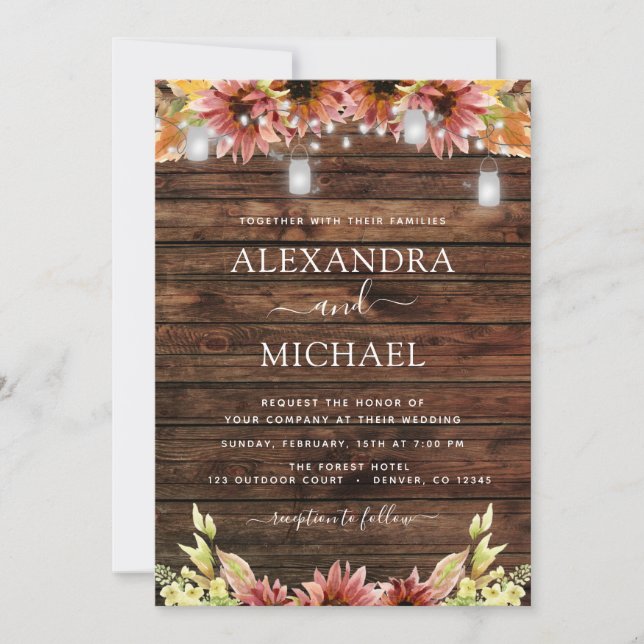 Invitation Mariage de tournesols d'automne en bois rustique (Devant)