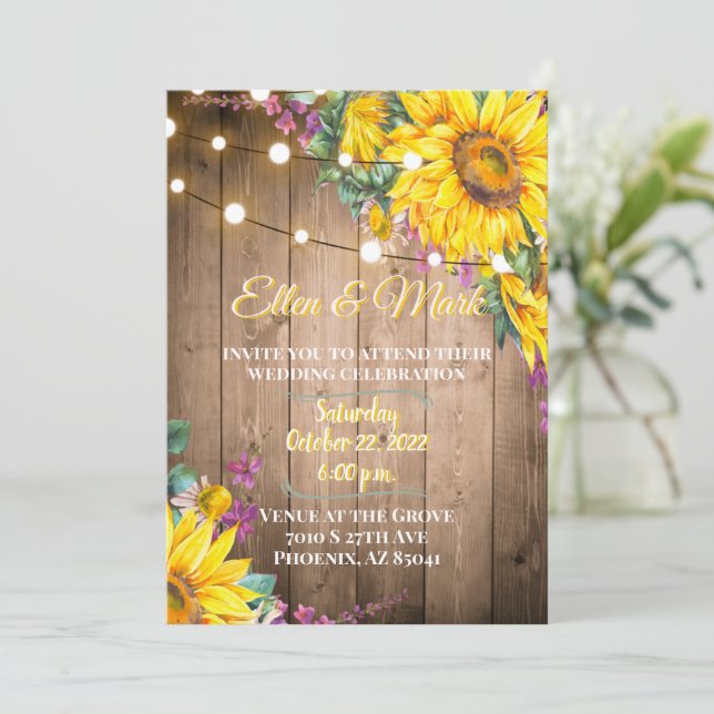 Invitation Mariage de tournesols rustique jaune et violet (Debout devant)