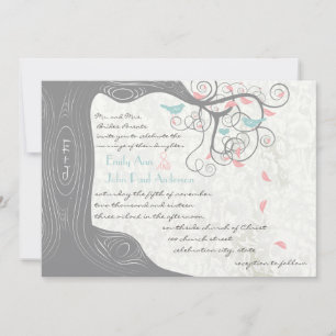 Invitation Mariage de tourtereaux rose pastel menthe et gris