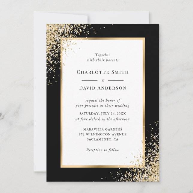 Invitation Mariage de trame de Confetti en or noir (Devant)