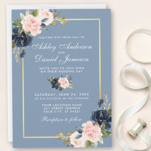 Invitation Mariage de trame doré bleu rose pâle