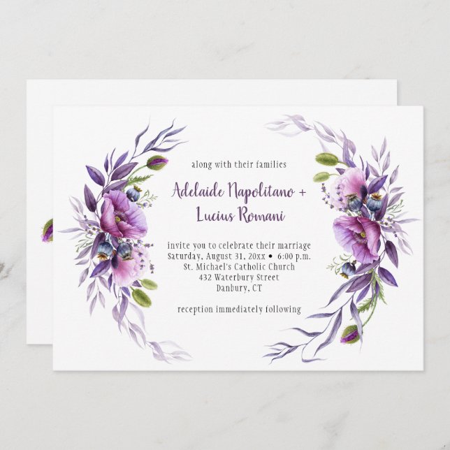 Invitation Mariage de trame Fleur sauvage violet mauve| (Devant / Derrière)