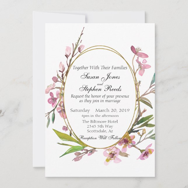 Invitation Mariage de trame or Chic en fleurs de cerisier ros (Devant)