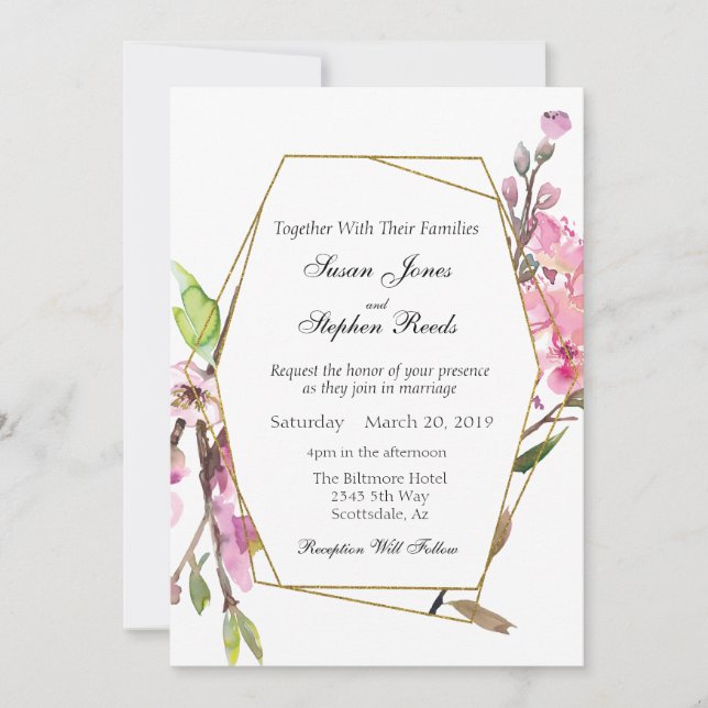 Invitation Mariage de trame or Chic en fleurs de cerisier ros (Devant)