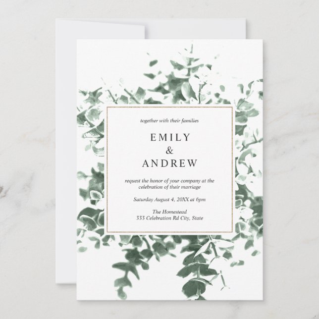 Invitation Mariage de trame or Feuille Eucalyptus Aquarelle (Devant)