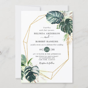 Invitation Mariage de trame or Tropical Watercolor Feuille