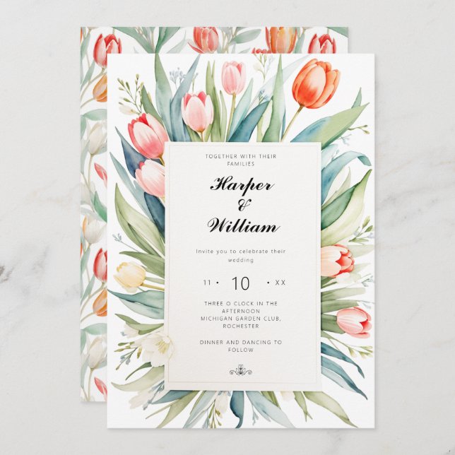 Invitation Mariage de tulipe aquarelle (Devant / Derrière)