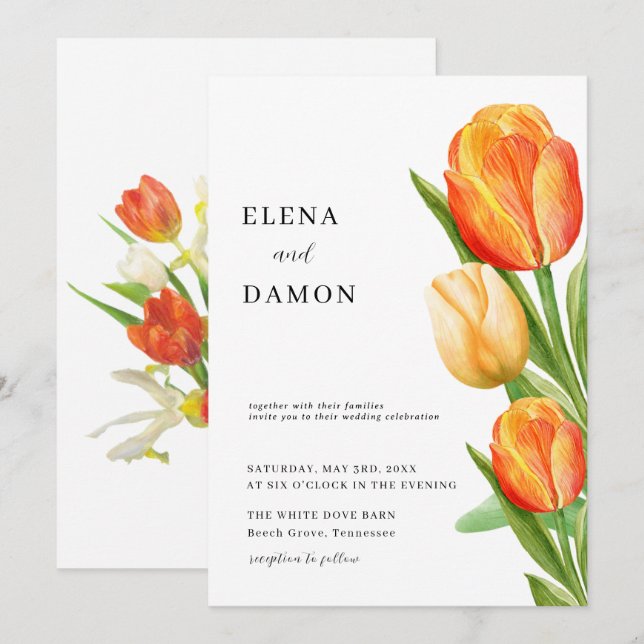 Invitation Mariage de tulipe orange et crème (Devant / Derrière)