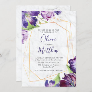 Invitation Mariage de tulipes violettes en marbre géométrique