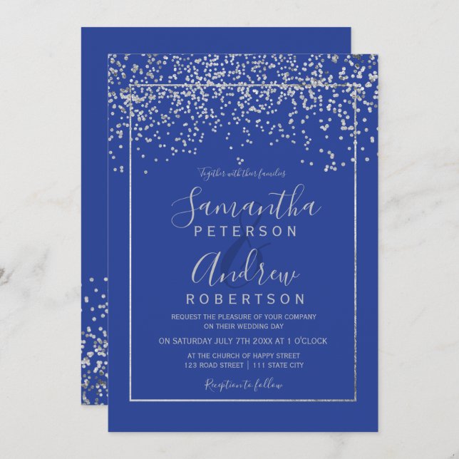 Invitation Mariage de typographie bleu roi de confetti d'arge (Devant / Derrière)