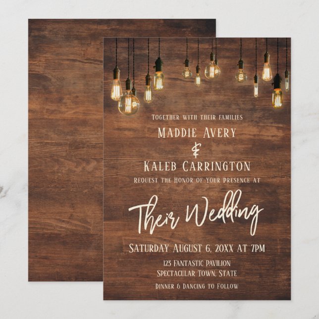 Invitation Mariage de typographie Brown Mur en Bois Edison (Devant / Derrière)