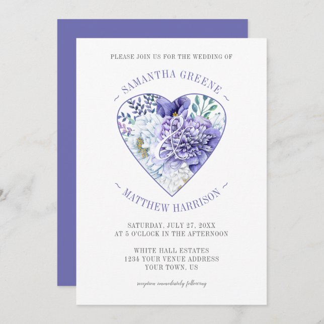 Invitation Mariage de typographie cardiaque violet White Peon (Devant / Derrière)