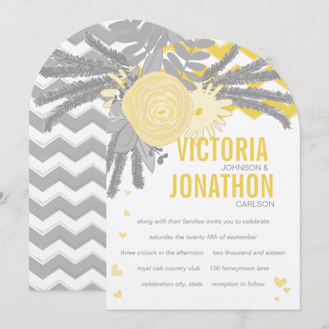 Invitation Mariage de typographie de Zag gris et jaune (Devant / Derrière)