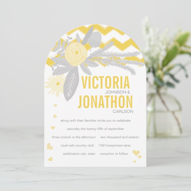 Invitation Mariage de typographie de Zag gris et jaune (Debout devant)