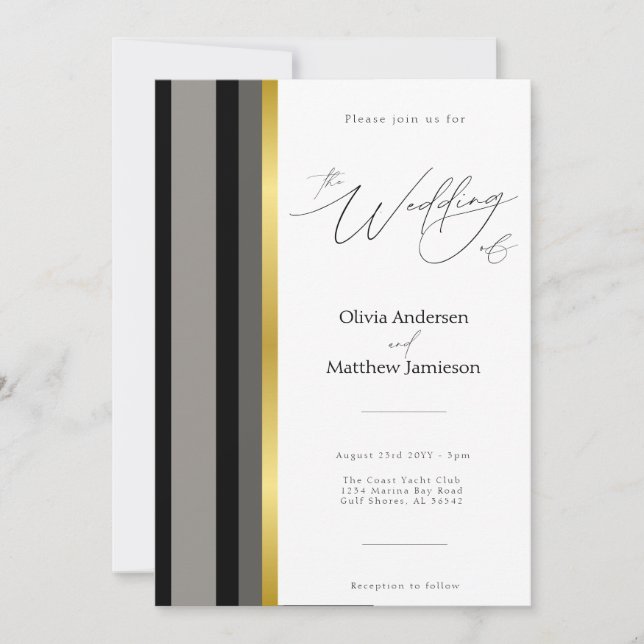 Invitation Mariage de typographie Elegant Black Grey Gold Str (Devant)