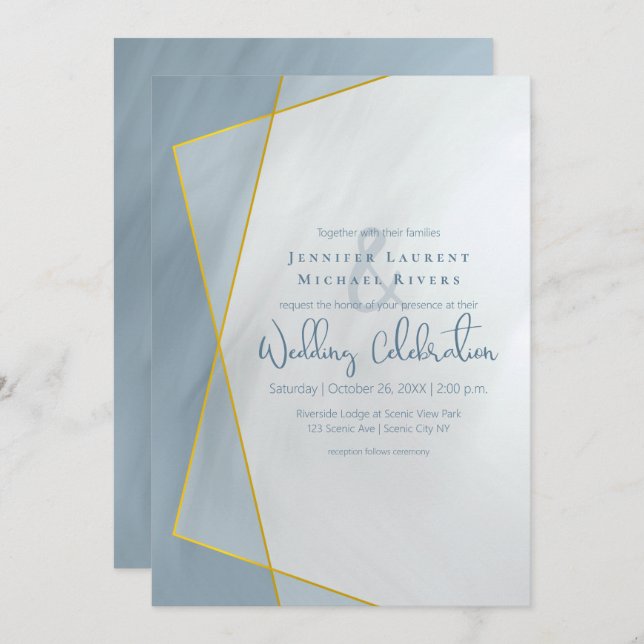 Invitation mariage de typographie géométrique bleu poussiéreu (Devant / Derrière)