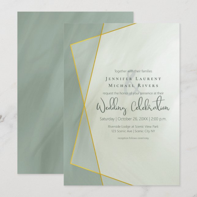 Invitation mariage de typographie géométrique en jade gris (Devant / Derrière)