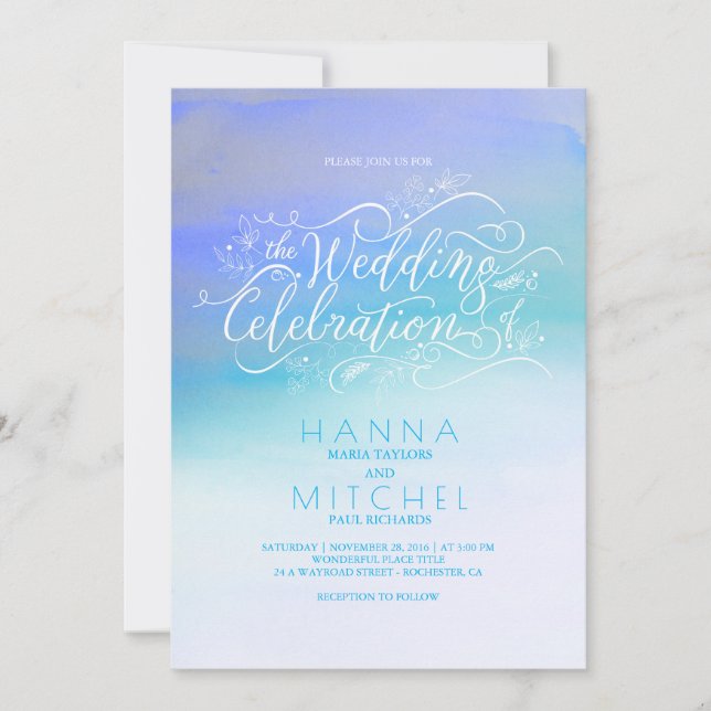 Invitation Mariage de typographie moderne Ombre Blue Watercol (Devant)
