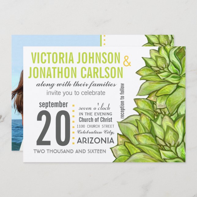 Invitation Mariage de typographie moderne Succulente à la cha (Devant / Derrière)