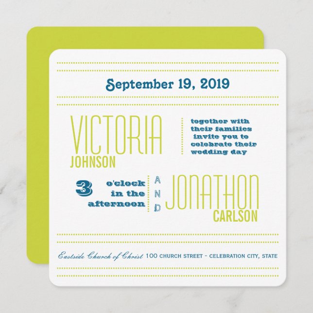 Invitation Mariage de typographie moderne turquoise et Lime (Devant / Derrière)